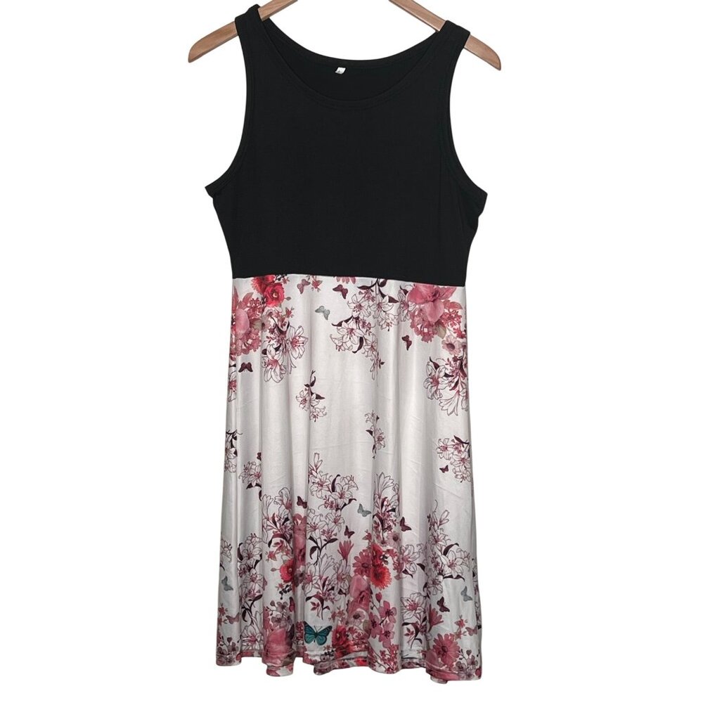 Sleeveless Black & Floral Butterfly Print Stretch Summer Lightweight Dress Large